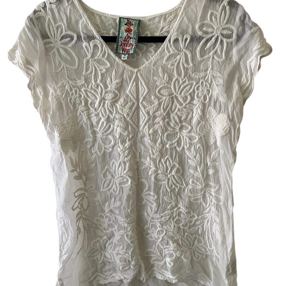 Johnny Was Cream Floral Embroidered Blouse
